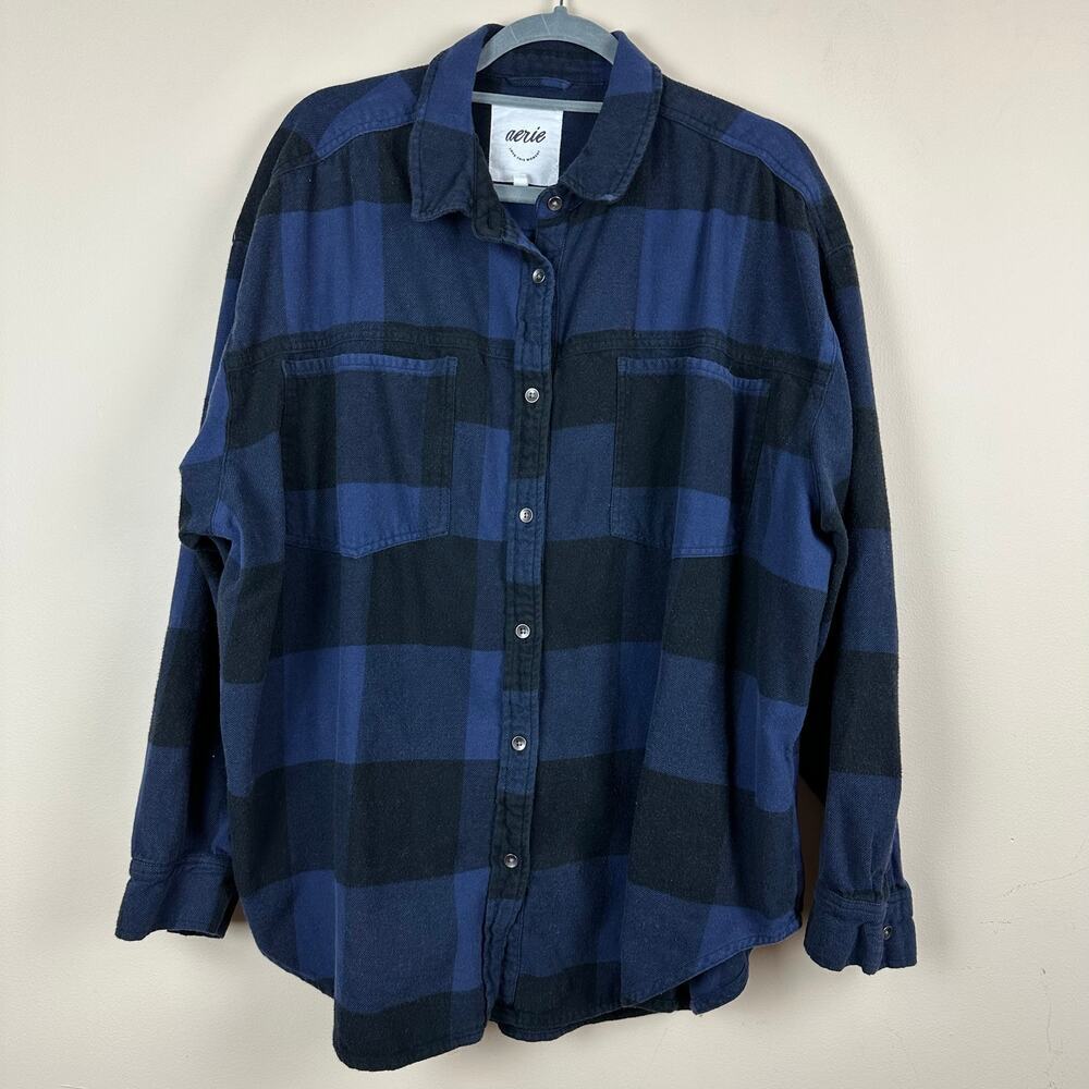 Aerie Oversized Plaid‎ Flannel Shirt Womens XL Blue Black Button Up Cozy Granola
